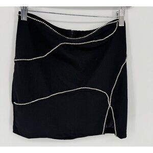 Black Mini Skirt With Rhinestone Detailing & Front Slit